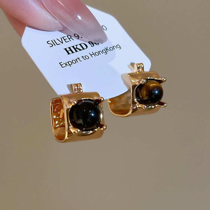 Gold Plated Copper Tiger Eye Stone Round Huggie Earrings With Silver Pins Vintage Maillard Style