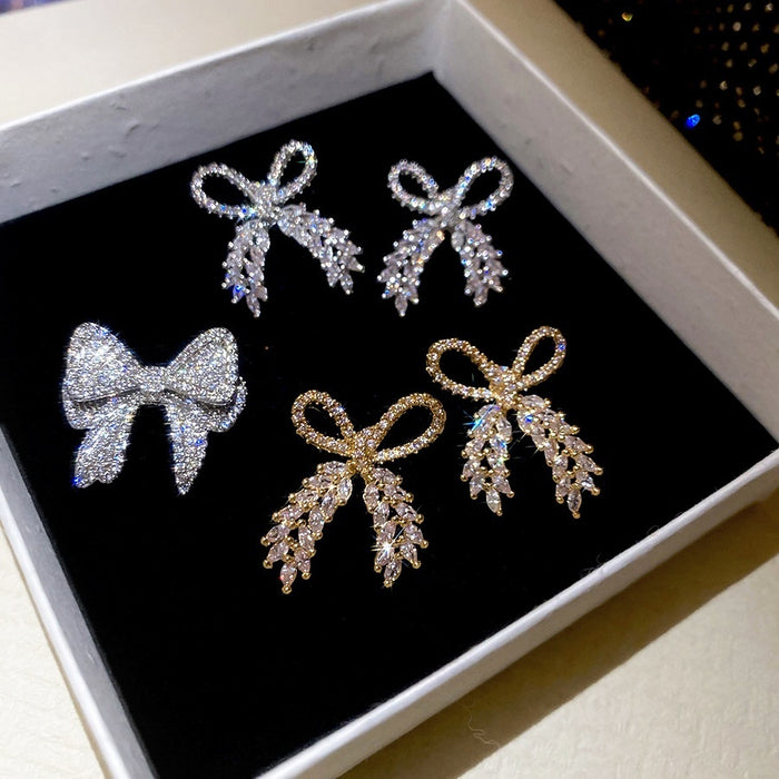 Light Luxury Copper Zircon Bow Earrings And Brooch Jewelry Set Elegant Sparkling Accessories