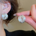 18K Brushed Metal Zircon C-Shaped Stud Earrings, Geometric Round Minimalist Modern Jewelry view 4