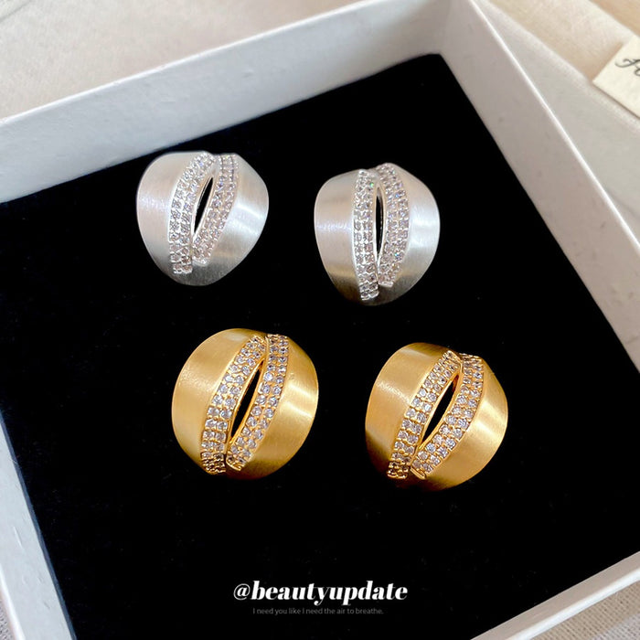 18K Brushed Metal Zircon C-Shaped Stud Earrings, Geometric Round Minimalist Modern Jewelry