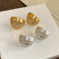 18K Brushed Metal Zircon C-Shaped Stud Earrings, Geometric Round Minimalist Modern Jewelry view 3
