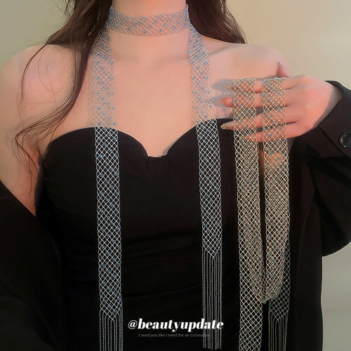 Korean Style Copper Geometric Hollow Crystal Sweater Necklace For Women Light Luxury Choker