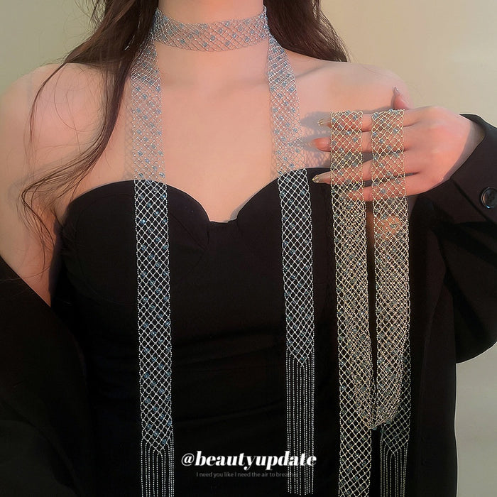 Korean Style Copper Geometric Hollow Crystal Sweater Necklace For Women Light Luxury Choker