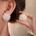 French Vintage Faux Pearl Flower Cluster Beaded Stud Earrings For Women, Light Luxury Geometric Round Jewelry view 3