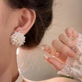 French Vintage Faux Pearl Flower Cluster Beaded Stud Earrings For Women, Light Luxury Geometric Round Jewelry view 2