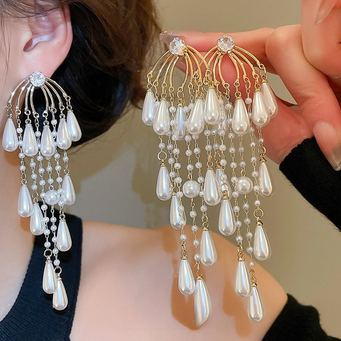Old Money Faux Pearl Zircon Teardrop Tassel Drop Earrings French Court Style Silver Pin Jewelry