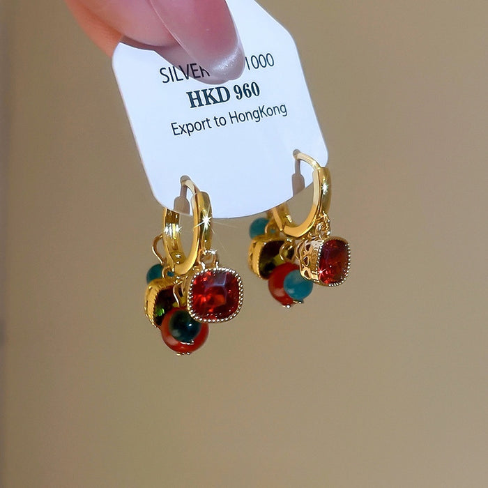 Ethnic Style Agate Beaded Round Zircon Tassel Drop Earrings Geometric Statement Jewelry