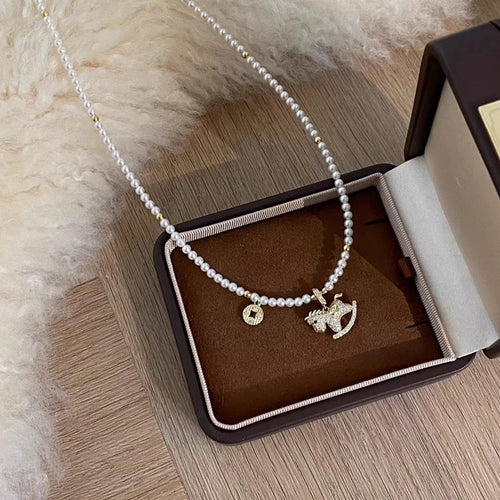 Light Luxury Faux Pearl Beaded Necklace With Zircon Horse Pendant Clavicle Chain