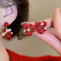 Gold Plated Silver Needle Red Zircon Firework Drop Earrings, Light Luxury Resin Geometric Round Design view 2