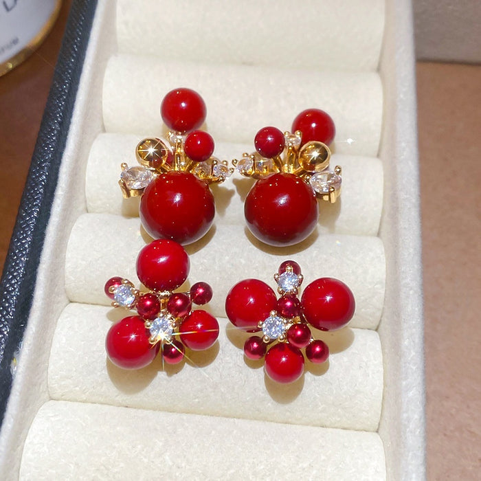 Gold Plated Silver Needle Red Zircon Firework Drop Earrings, Light Luxury Resin Geometric Round Design