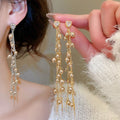 Gold Plated Silver Needle Zircon Tassel Faux Pearl Drop Earrings Retro Geometric Fashion Jewelry view 1