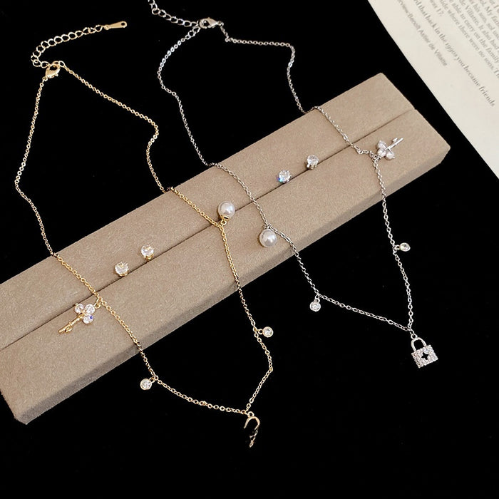 Gold Plated Zircon Faux Pearl Earrings And Necklace Jewelry Set For Women, OL Geometric Luxury Style