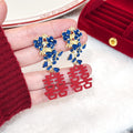 Elegant Vintage Chinese Style Blue Enamel Floral Alloy Red Double Happiness Pendant Drop Earrings view 4