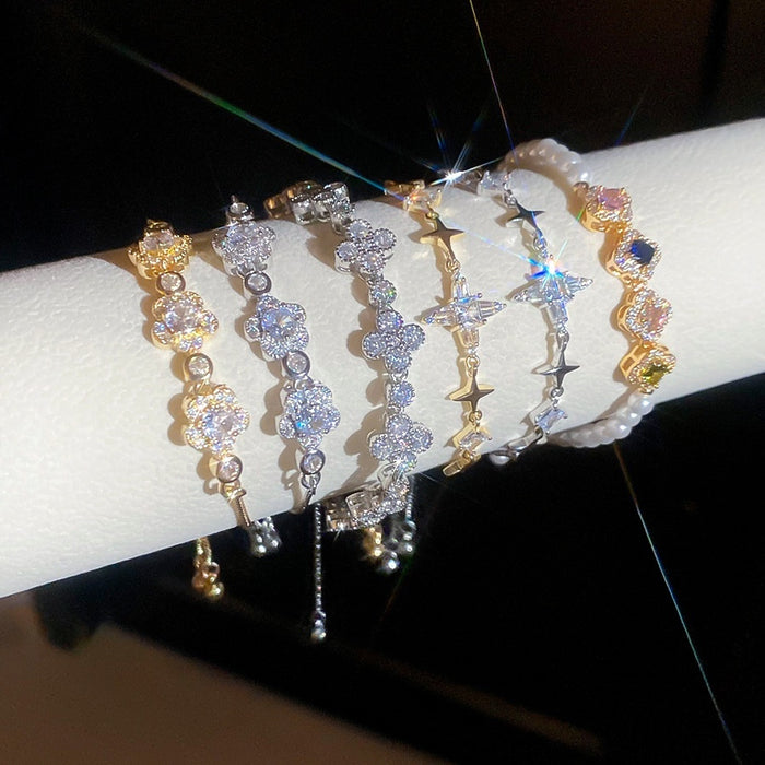 Light Luxury Copper Zircon Flower Star Bangle, Sparkling Fashion Bracelet For Daily Wear