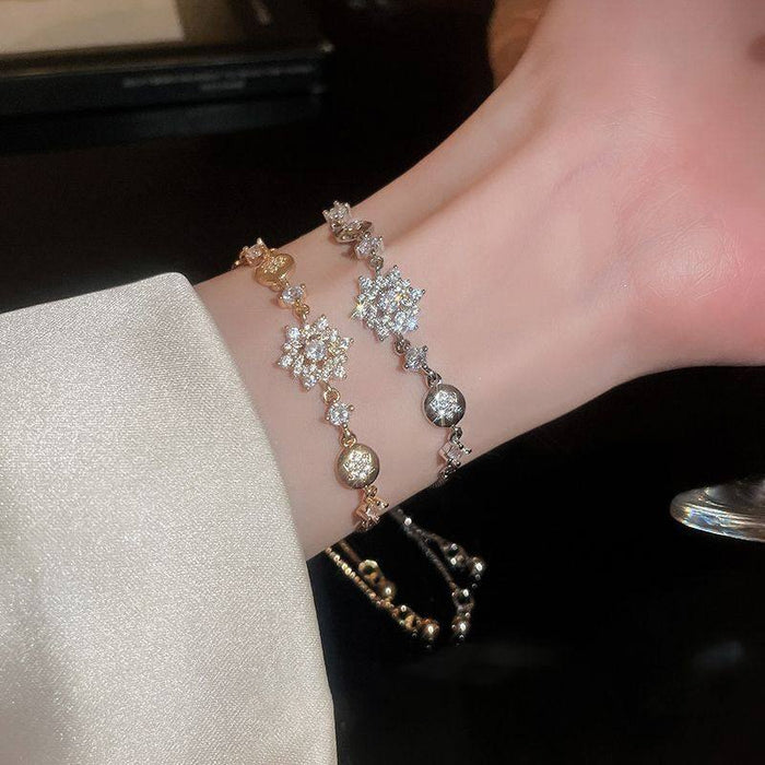 Sparkling Zircon Flower Copper Bangle, Light Luxury Minimalist Daily Fashion Bracelet