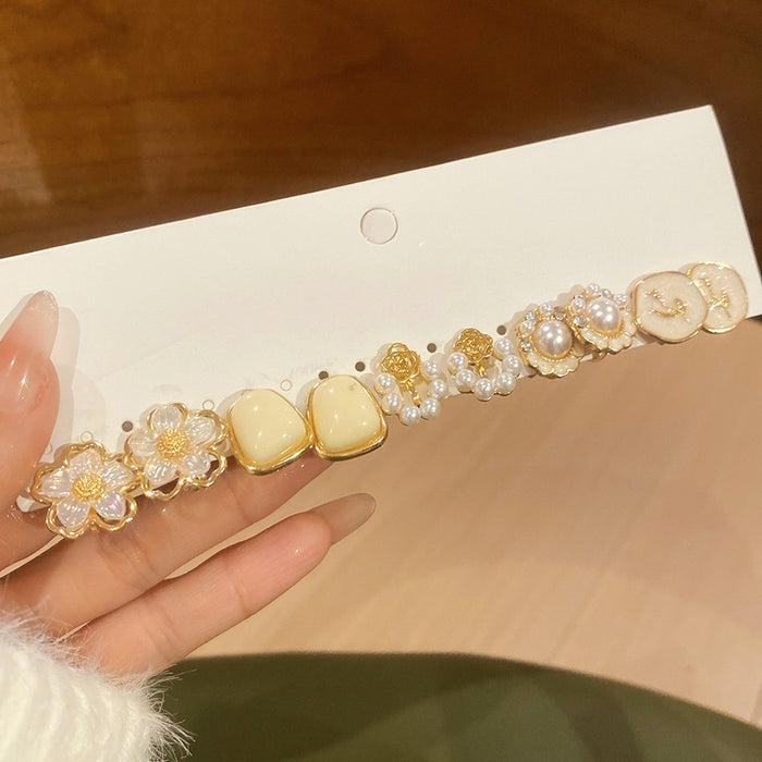 Light Luxury Floral Faux Pearl Jewelry Set With Rhinestone Enamel Stud Earrings For Women