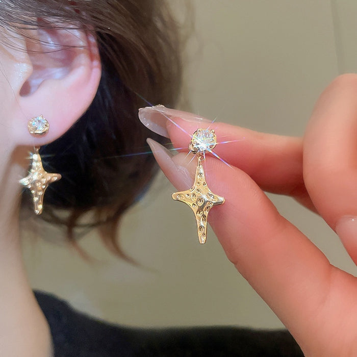 Gold Plated Copper Star Zircon Stud Earrings With Silver Pins Light Luxury Fashion Jewelry