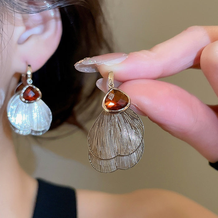 French Vintage Faux Crystal Petal Tassel Drop Earrings, Elegant Floral Silver Needle Design