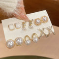 French Vintage Faux Pearl Rhinestone Geometric Stud Earrings Jewelry Set With Silver Posts view 3