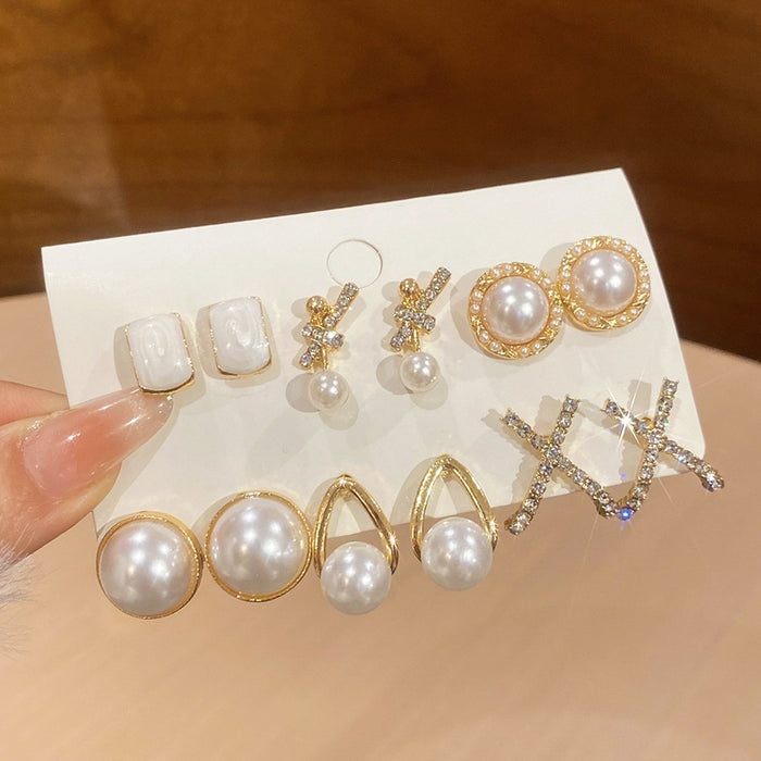 French Vintage Faux Pearl Rhinestone Geometric Stud Earrings Jewelry Set With Silver Posts