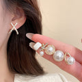 French Vintage Faux Pearl Rhinestone Geometric Stud Earrings Jewelry Set With Silver Posts view 2