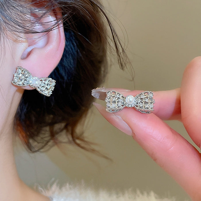 Copper Pearl Bow Earrings With Sparkling Zircon Korean Playful Style For Women