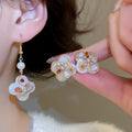 18K Gold Plated Oil Painting Flower Pearl Stud Earrings, Light Luxury Vintage Chinese Style view 2