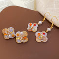 18K Gold Plated Oil Painting Flower Pearl Stud Earrings, Light Luxury Vintage Chinese Style view 3