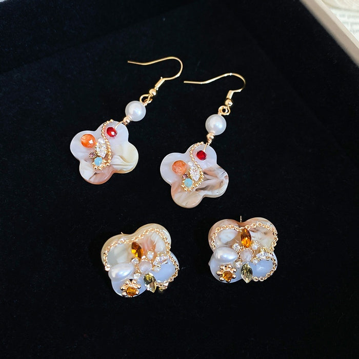 18K Gold Plated Oil Painting Flower Pearl Stud Earrings, Light Luxury Vintage Chinese Style