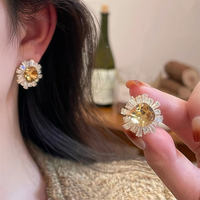 Copper Gold Plated Zircon Round Clip-On Earrings French Retro Court Style Geometric Earrings