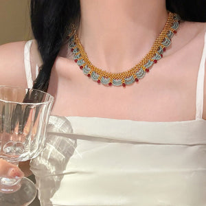 Stainless Steel Artificial Crystal Beaded Lace Choker Necklace, Maillard Style Round Geometric Design