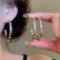 Copper Zircon Striped C-Shape Hoop Earrings With Silver Pins, Geometric Minimalist Style view 1