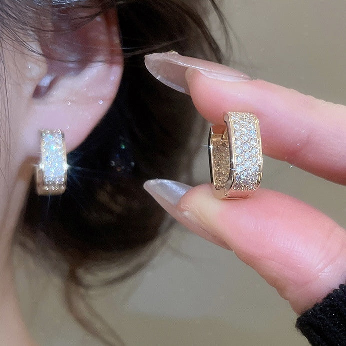 Korean Style Sparkling Zircon Square Copper Huggie Earrings Minimalist Geometric Light Luxury