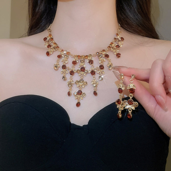 French Vintage Alloy Rhinestone Flower Tassel Earrings And Necklace Jewelry Set Elegant Palace Style