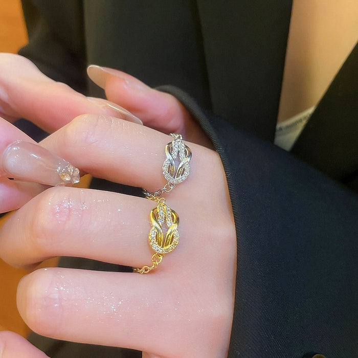 French Style Copper Horseshoe Buckle Chain Zircon Vintage Ring For Women