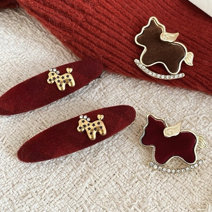 Light Luxury Fabric Flocked Zircon Horse Hair Clip Brooch Jewelry Set Vintage Elegant Accessory