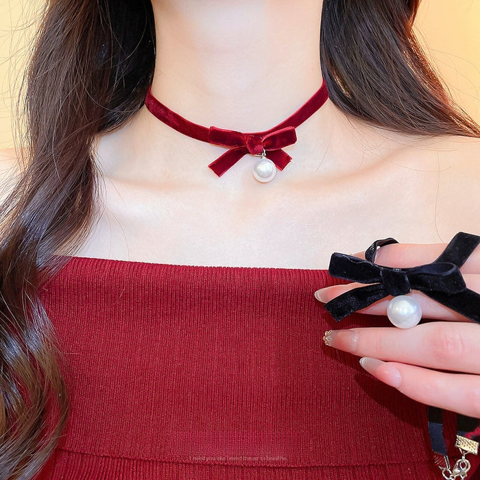 Old Money Style Faux Pearl Bow Choker Necklace For Women, Vintage Elegant Flocked Collarbone Jewelry