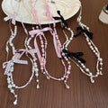 French Rhinestone Bow Faux Pearl Sweater Necklace Old Money Elegant Light Luxury Choker view 3