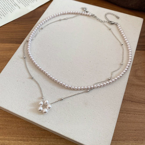 French Vintage Round Faux Pearl Layered Necklace Minimal Elegant Old Money Collarbone Choker