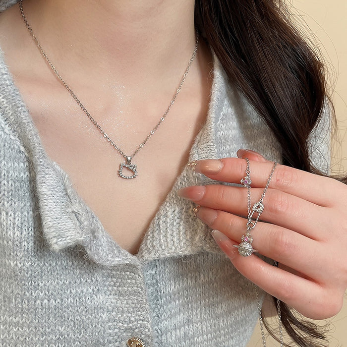 Korean Style Copper Diamond Star Saturn Cat Pendant Necklace Minimalist Light Luxury Daily Collarbone Chain