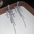 Copper Rhinestone Cross Tassel Drop Earrings With Silver Posts Light Luxury Sweet Cool Style view 2