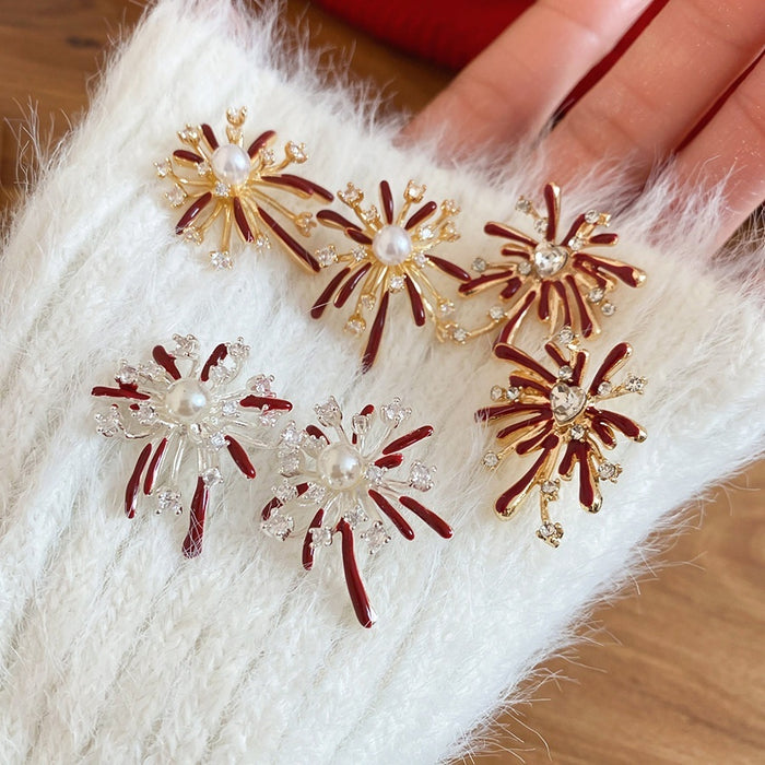 Copper Flower Firework Stud Earrings With Zircon Enamel, Vintage Light Luxury Elegant Jewelry