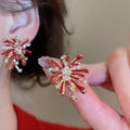 Copper Flower Firework Stud Earrings With Zircon Enamel, Vintage Light Luxury Elegant Jewelry view 4