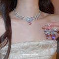 Light Luxury Copper Zircon Bow Earrings Necklace Jewelry Set For Women view 3
