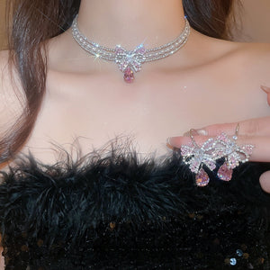 Light Luxury Copper Zircon Bow Earrings Necklace Jewelry Set For Women