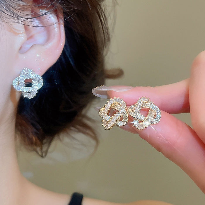 Gold Plated Copper Zircon Wrap Hollow Geometric Round Stud Earrings For Women