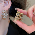 French Vintage Gold Plated Artificial Crystal Flower Hoop Earrings With Silver Pins view 2