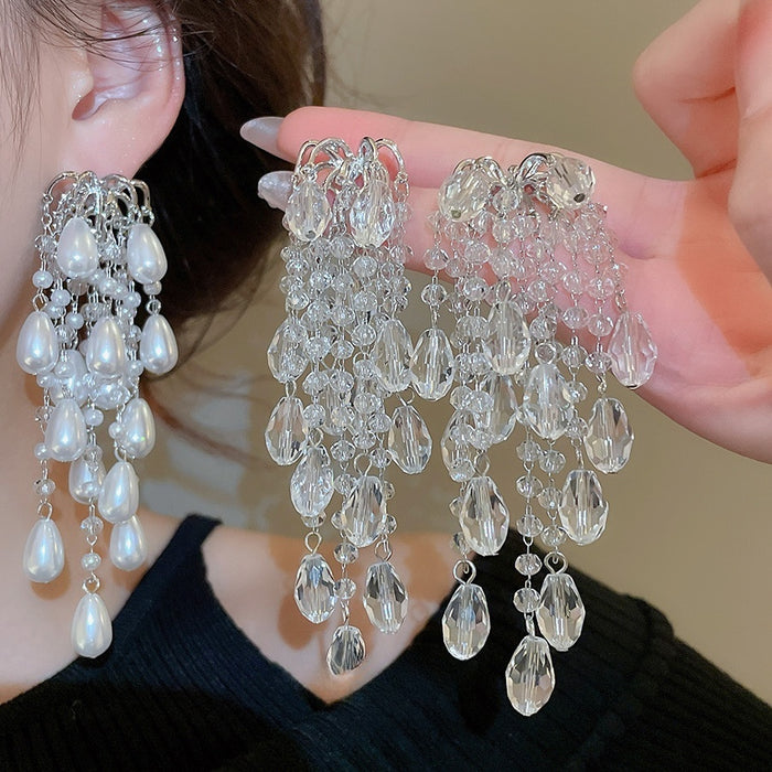 European Style Luxury Waterdrop Faux Pearl Tassel Stud Earrings For Women