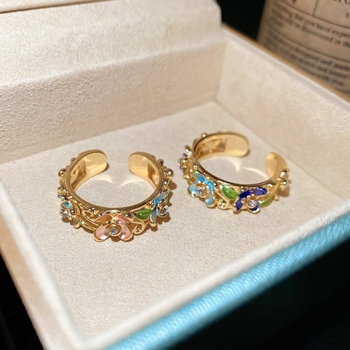 Gold Plated Copper Enamel Rhinestone Flower Open Ring Vintage Elegant Statement Jewelry