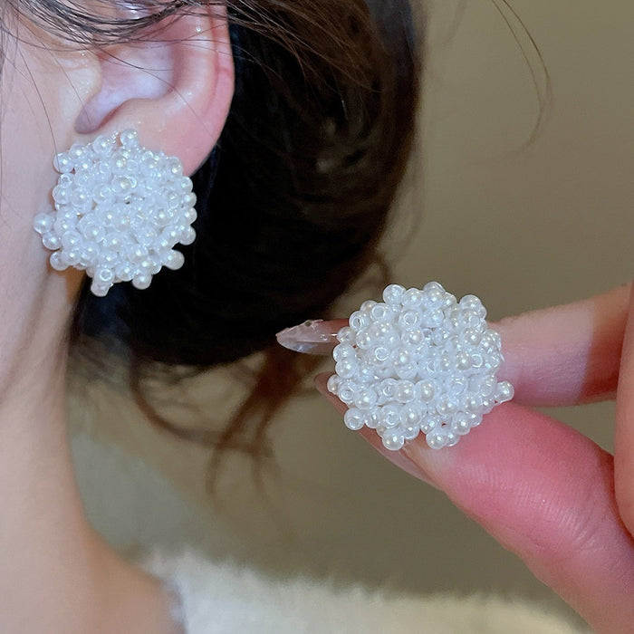 Faux Pearl Beaded Flower Cluster Stud Earrings Vintage Elegant OL Style Round Geometric Jewelry